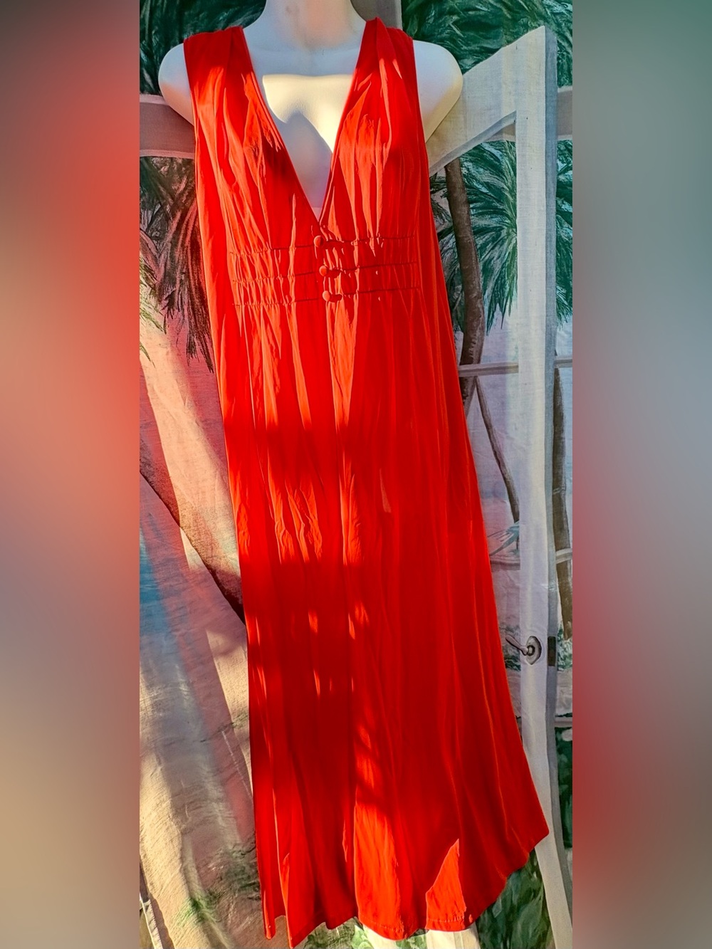 Vintage Sleeveless tangerine sheer nightgown Plunge V-Neck
